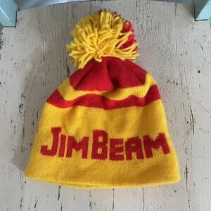Vintage Jim Beam Pom Beanie Spell-Out One Size All Over Print Yellow Red Hat‎